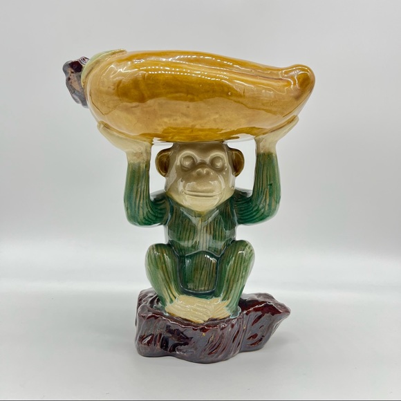 Vintage Other - Large Monkey Ceramic Planter Candy Serving Bowl Pear Shaped Glazed Green Chimp